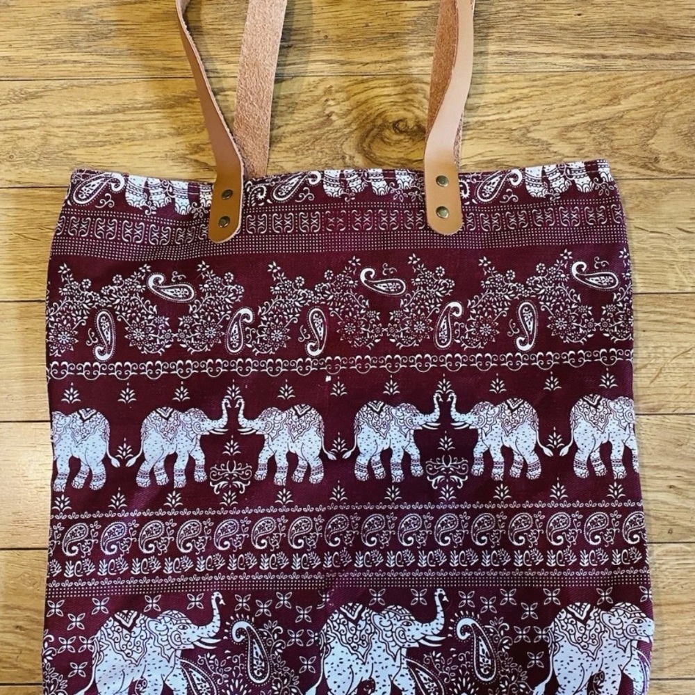 Tote Bag Unisex Elephants Hand Made From Thailand Zipper Closure - Picture 2 of 6